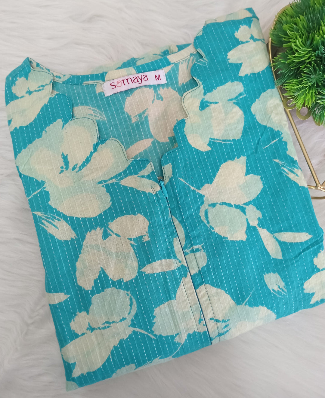 Skyblue floral cotton day to night dress with center zipper, scallop neck, puff sleeves, and no lining, suitable for maternity and nursing wear.