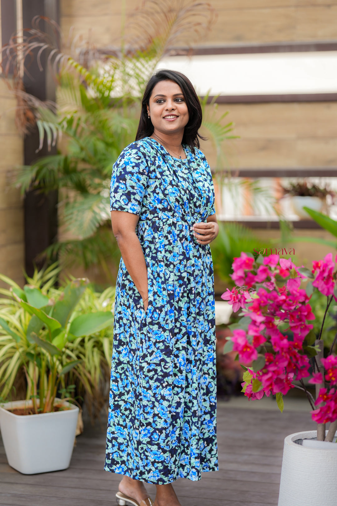 Maxi Blue Light Weight Dress with attached dupptta drape
