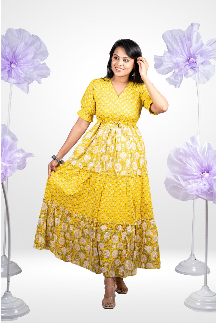 Yellow casual Maxi Dress With Lining Non-Maternity & Feeding-Friendly Dress