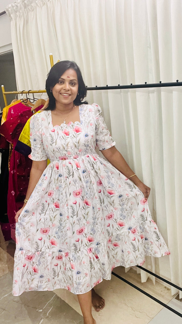 Roh white bloom Dress With Lining