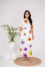 Load image into Gallery viewer, Maxi White Sunflower Ribbed Dress with dress baby tshirt ( samaya exclusive premium fabric ) mention baby tshirt size in notes
