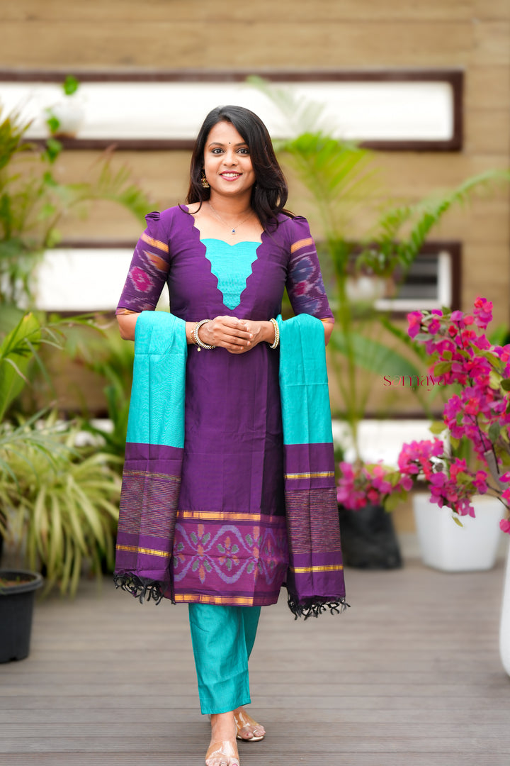 Shanthini -purple  blue   Pochampally 3 piece  suit set with Dupatta
