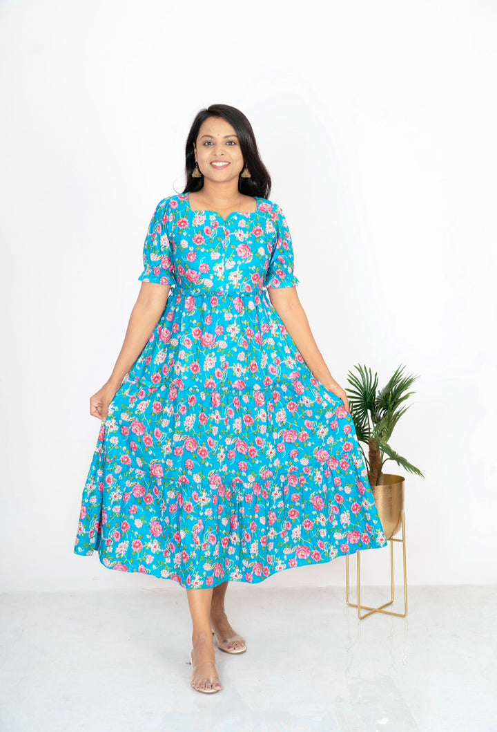 Skyblue floral cotton day to night dress with elbow sleeves and center zip for nursing and maternity