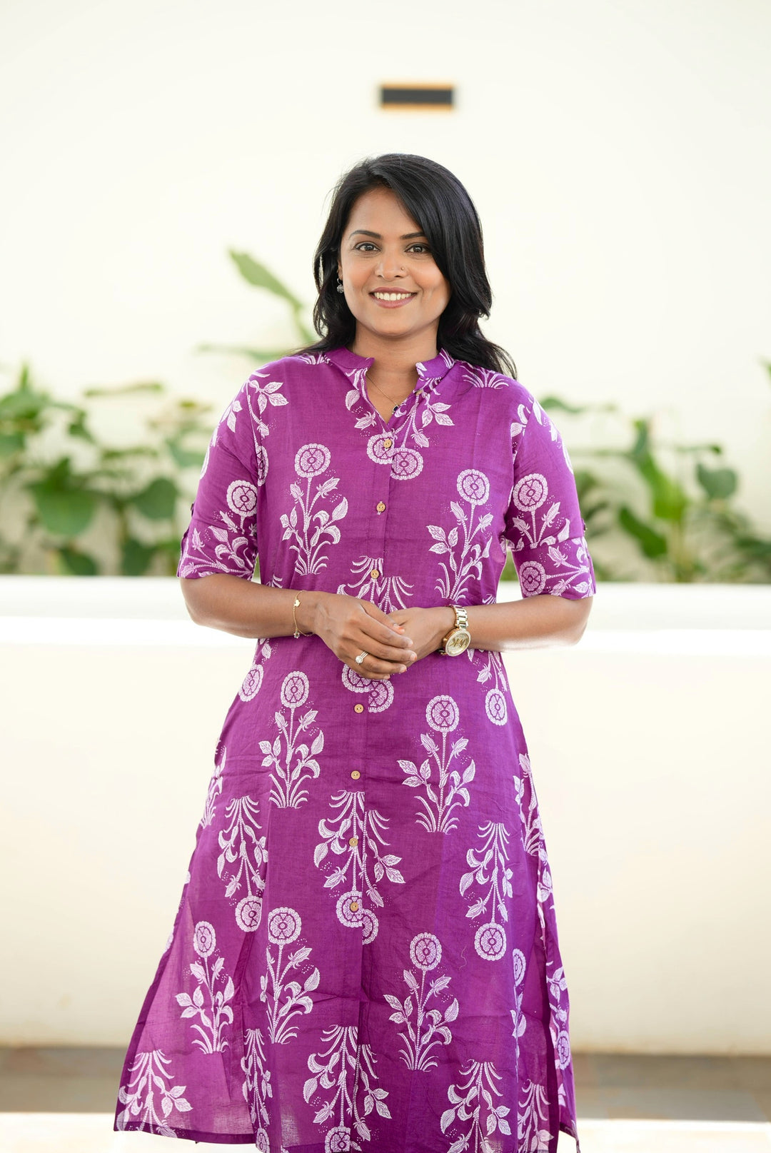 Purple flower cotton kurta set (button opening)