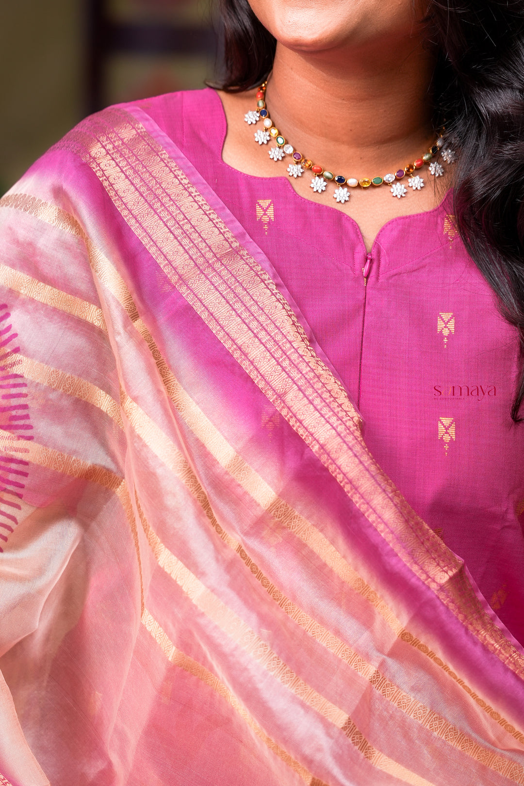 Iniya -pink  raw silk Kurta Set of 3 tissue shimmer zari border dupptta
