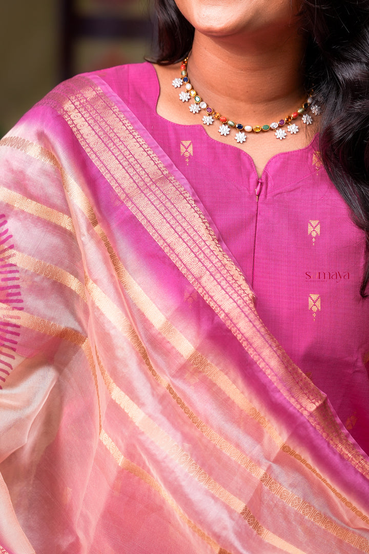 Iniya -pink  raw silk Kurta Set of 3 tissue shimmer zari border dupptta