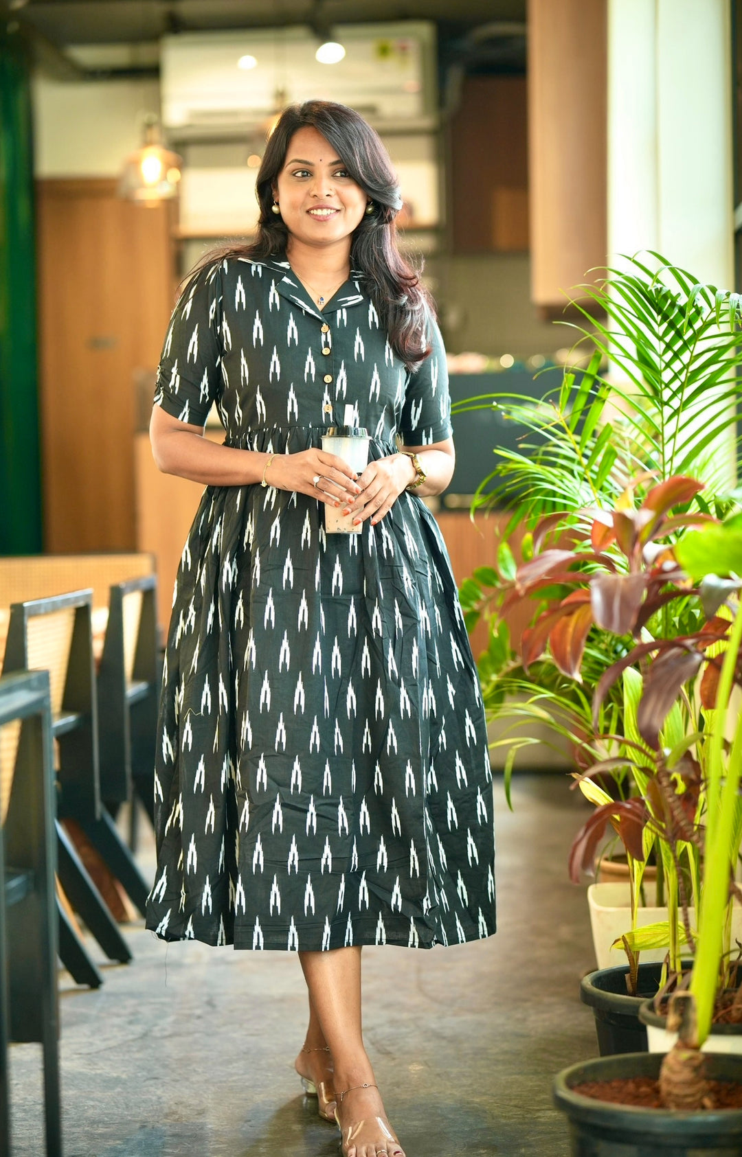 Black Ikkat casual  Dress With Lining