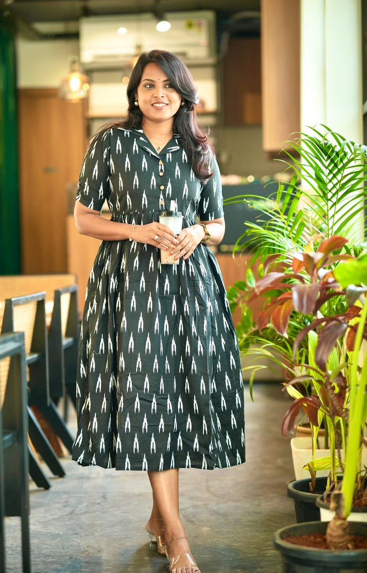 Black Ikkat casual  Dress With Lining