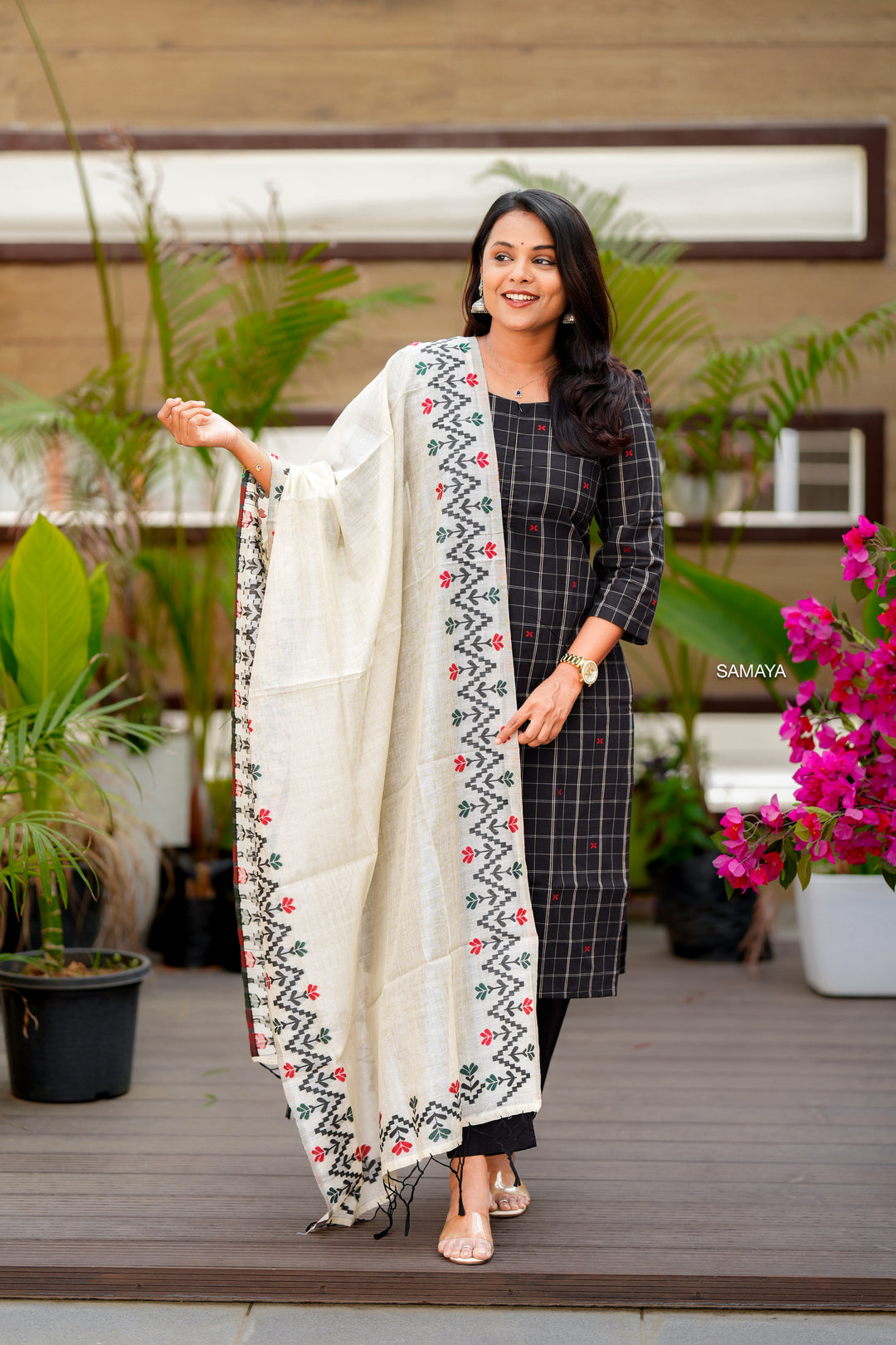 Black checked handloom Cotton 3 piece Set with embroidered dupptta