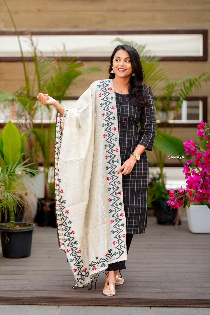 Black checked handloom Cotton 3 piece Set with embroidered dupptta