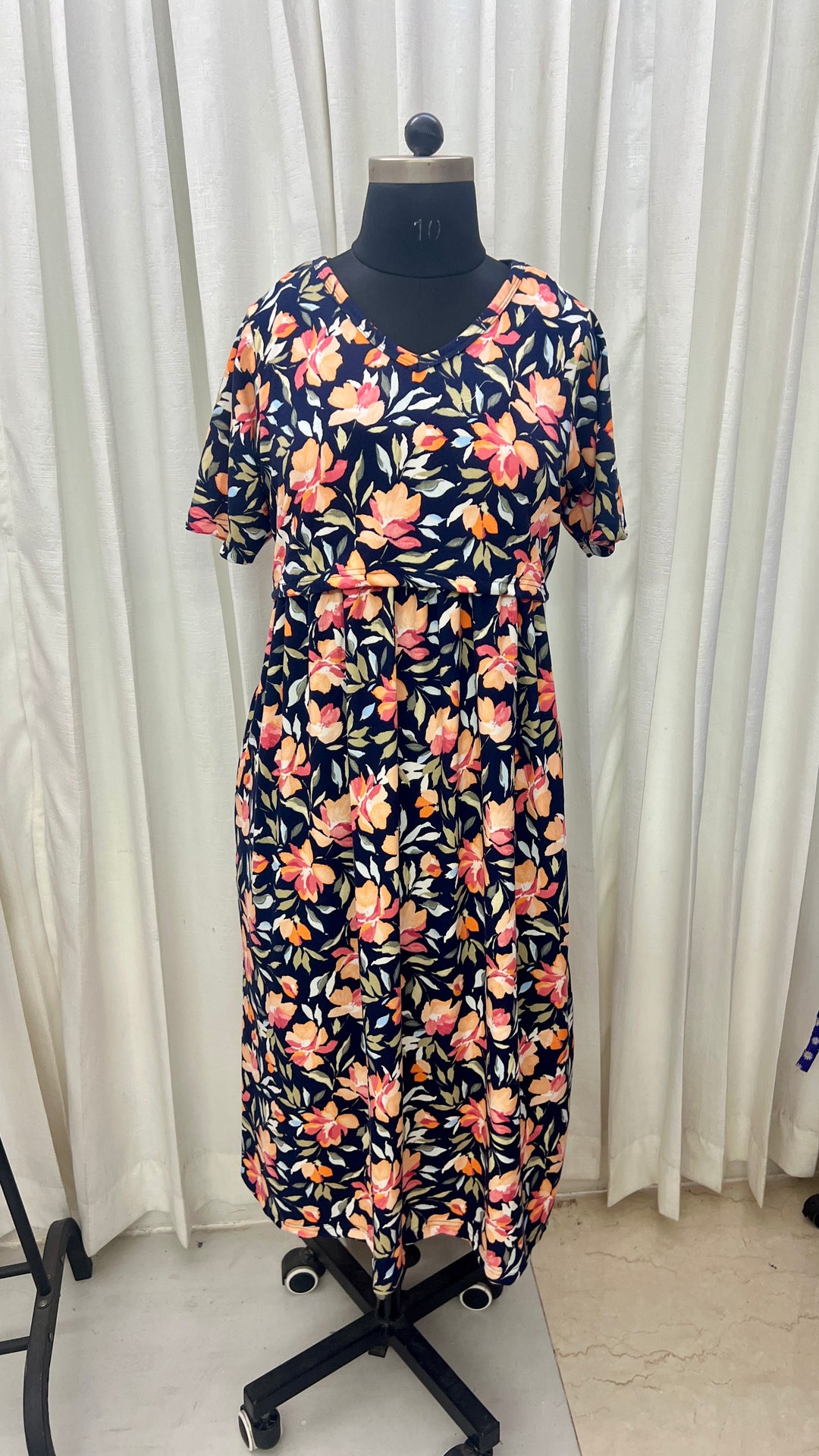 Luxury Midi black pink & orange flower Light weight dress