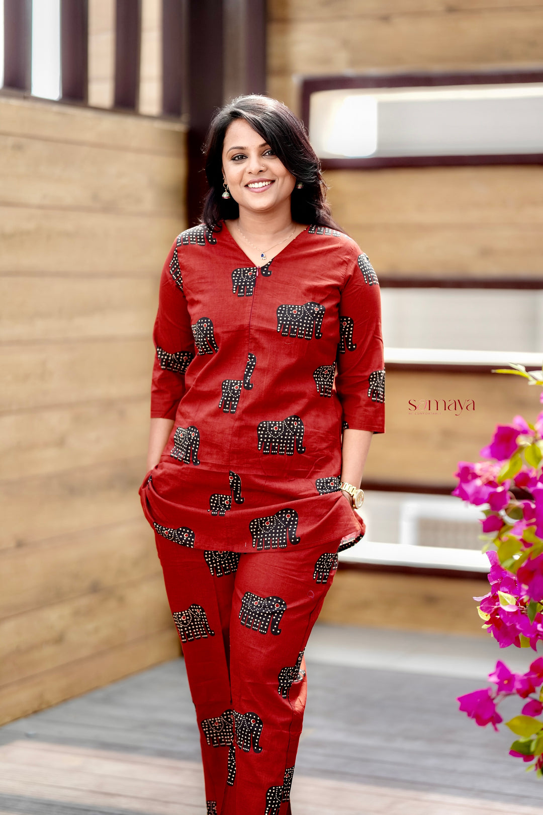 ZARA- Maroon Elephant Night Co-ord Set