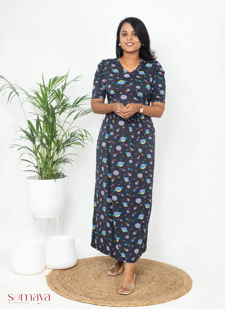 Maxi Grey Planet Light Weight Dress( Minor embroidery variation so sold at sale price )