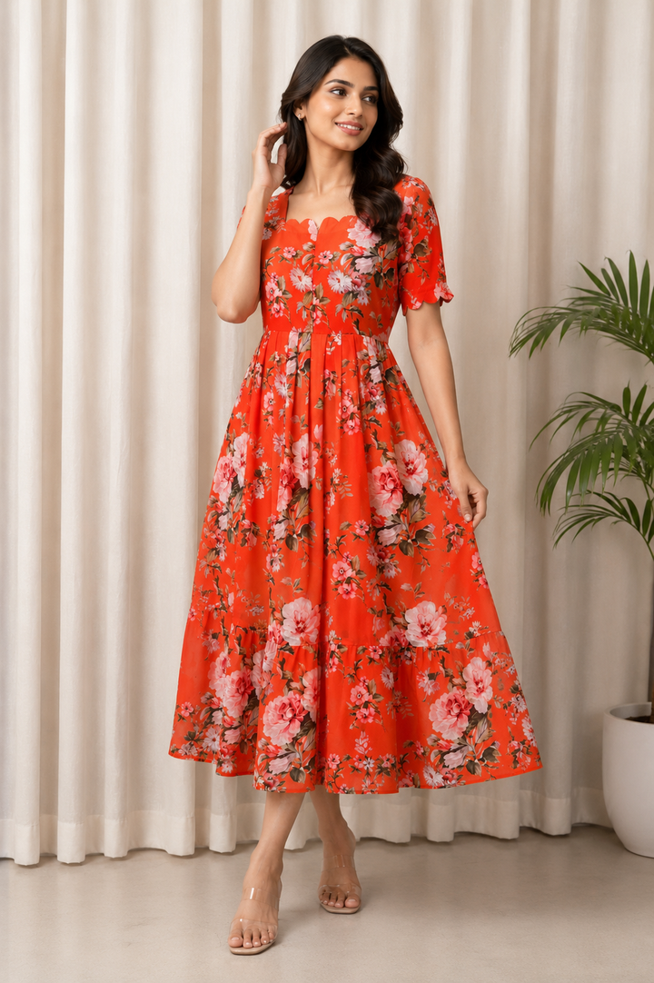 Orange georgette casual  Dress With Lining ( No-Iron Everyday Dress)