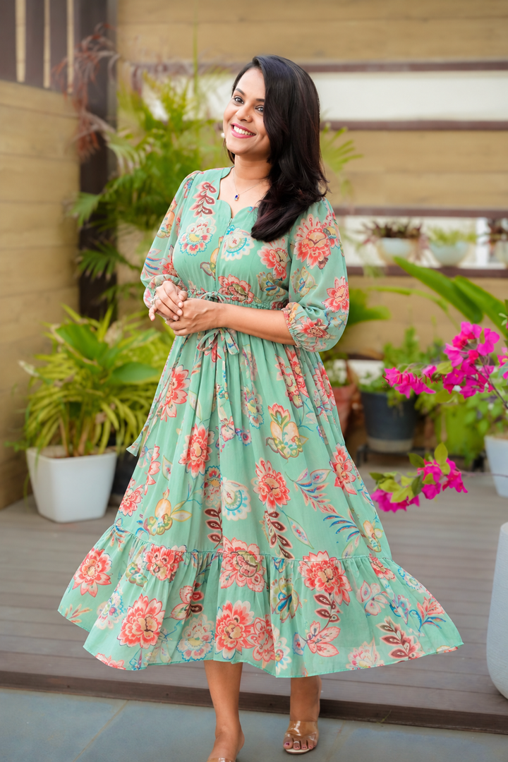 Mint georgette casual  Dress With Lining ( No-Iron Everyday Dress)