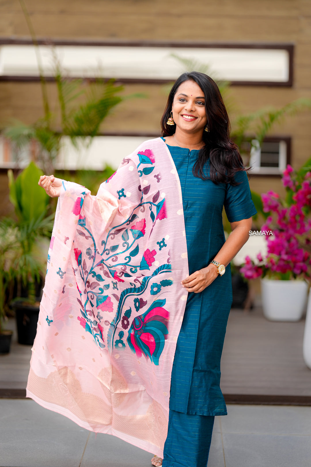Peacock raw silk suit set of 3 with linen gold border