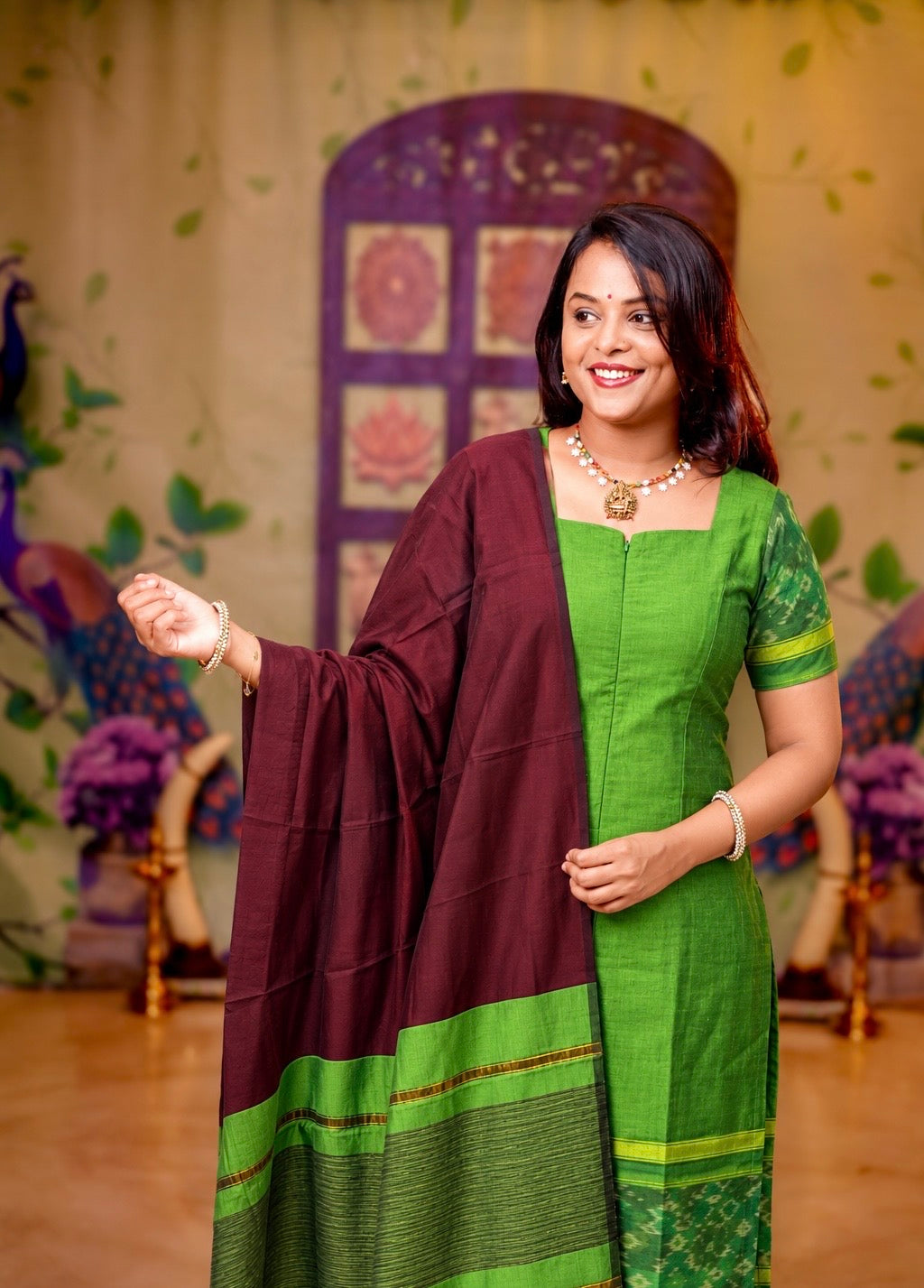 Shanthini - Green maroon 3 piece Pochampally  suit set with Dupatta