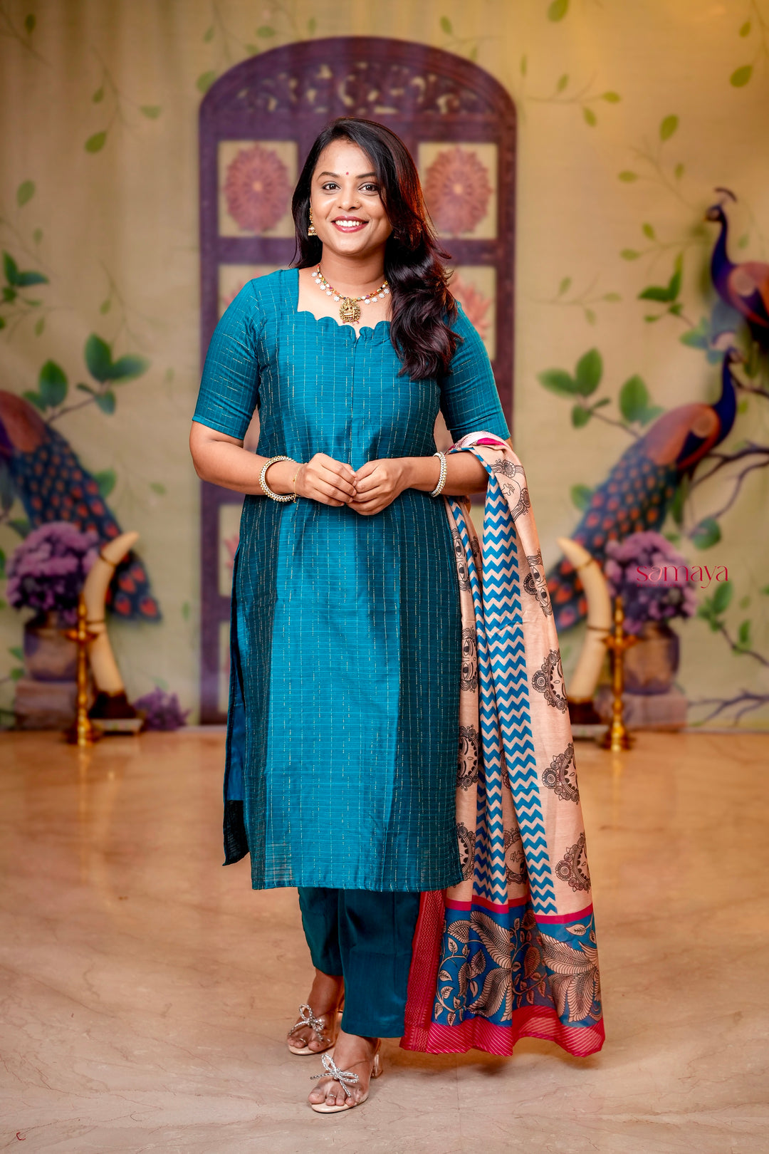 Oviyam raw silk Kurta 3 piece set with kalamkari dupptta