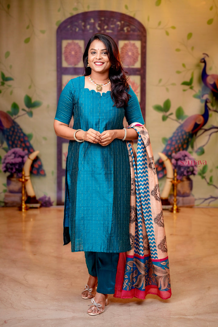 Oviyam raw silk Kurta 3 piece set with kalamkari dupptta