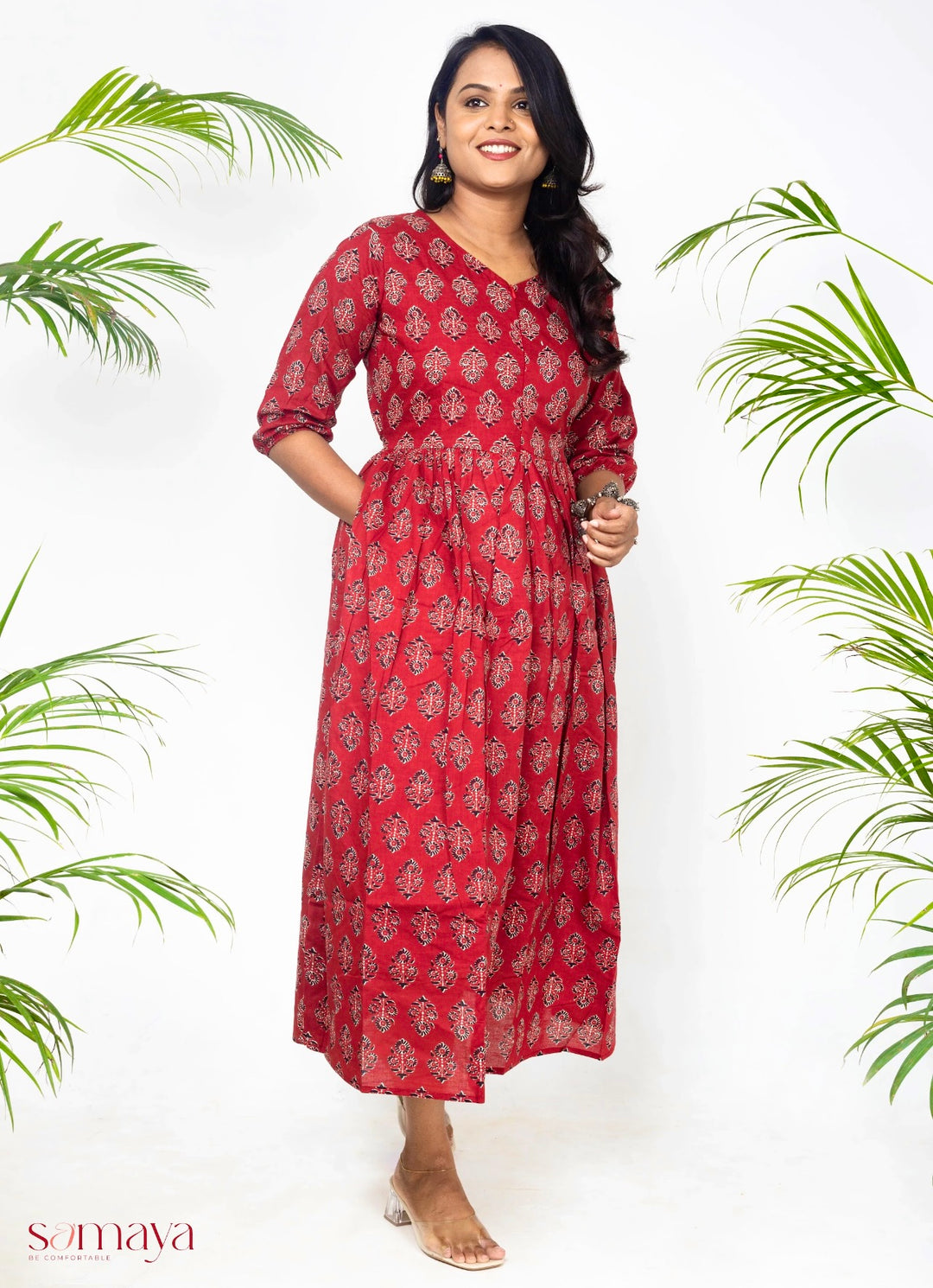 Maroon hand block cotton  dress and full lining