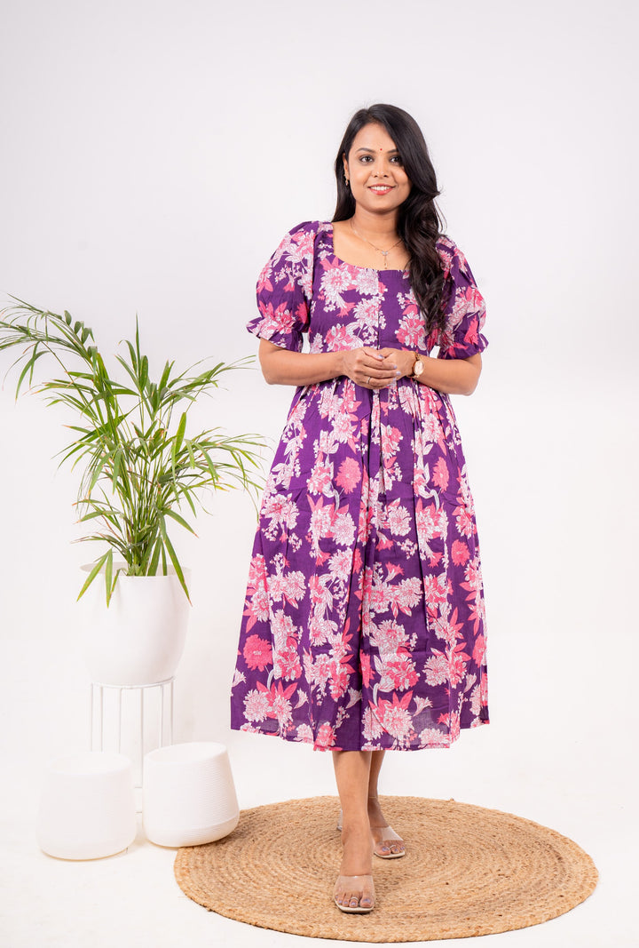 Purple bloom  floral  Dress With Lining
