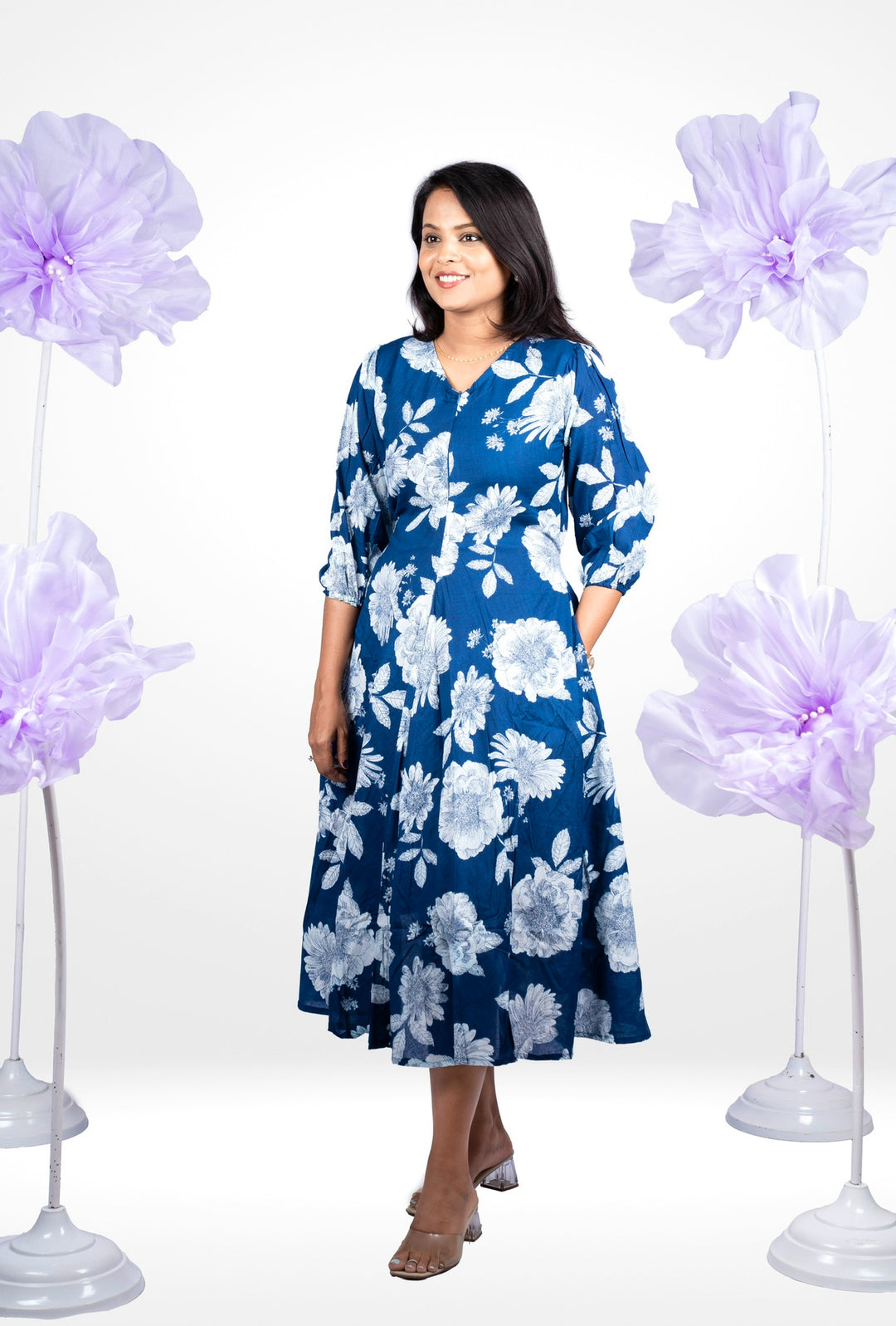 Navy Flower casual Dress With Lining Non-Maternity & Feeding-Friendly Dress