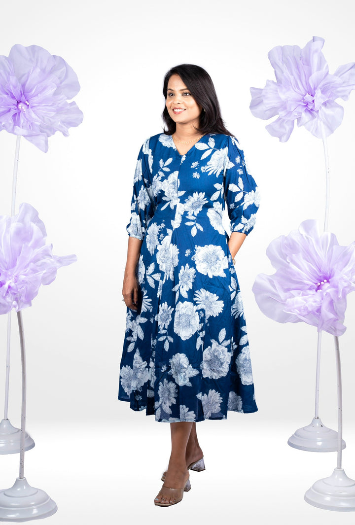 Navy Flower casual Dress With Lining Non-Maternity & Feeding-Friendly Dress