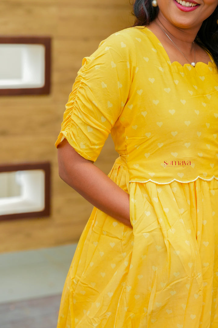Yellow Casual Dress With Lining( Wrinkle-Free Cotton Blend Dress)