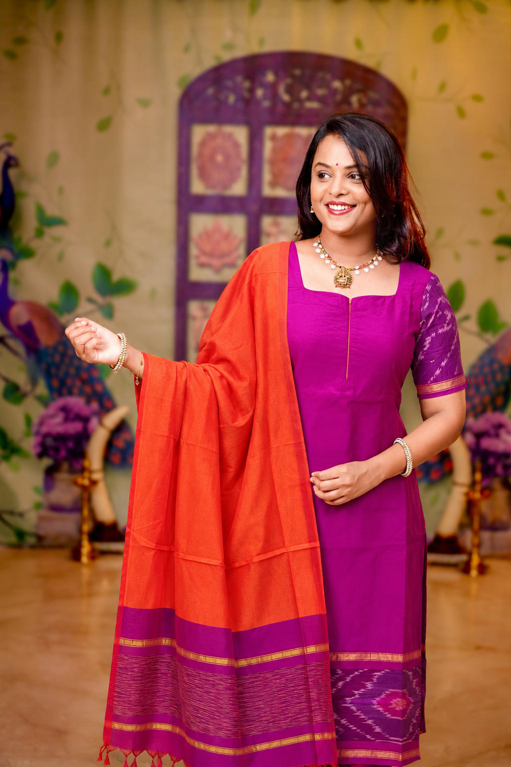 Shanthini -  Pink with orange  3 piece Pochampally  suit set with Dupatta
