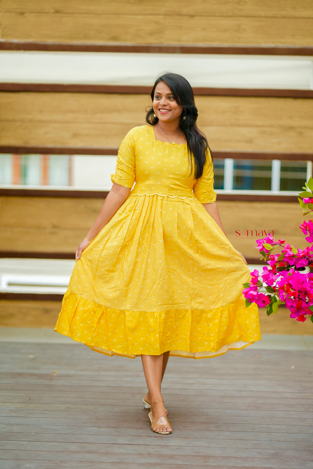 Yellow Casual Dress With Lining( Wrinkle-Free Cotton Blend Dress)
