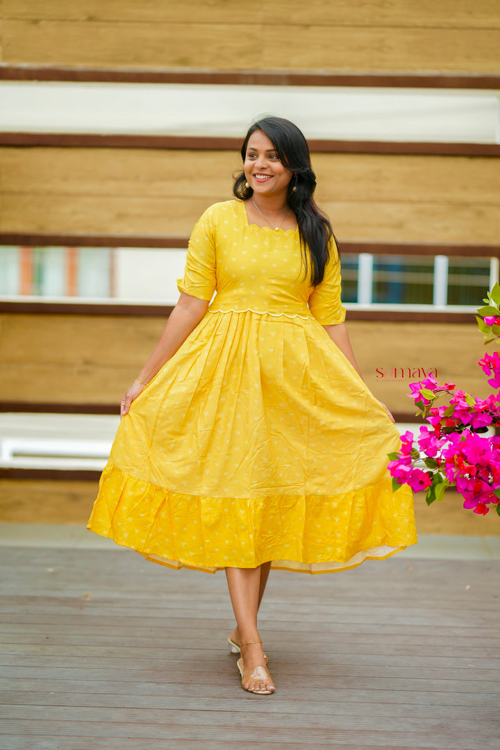 Yellow Casual Dress With Lining( Wrinkle-Free Cotton Blend Dress)