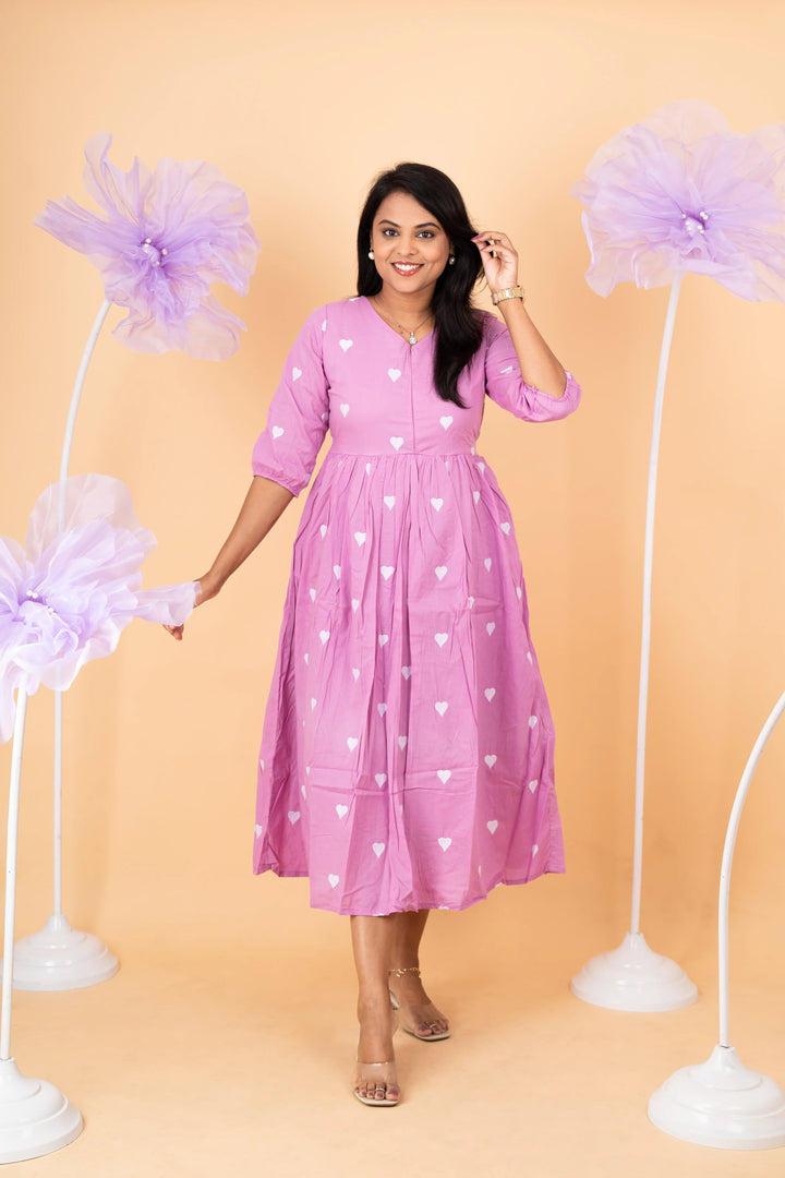Lavender heart embroidered pure cotton casual  Dress With Lining