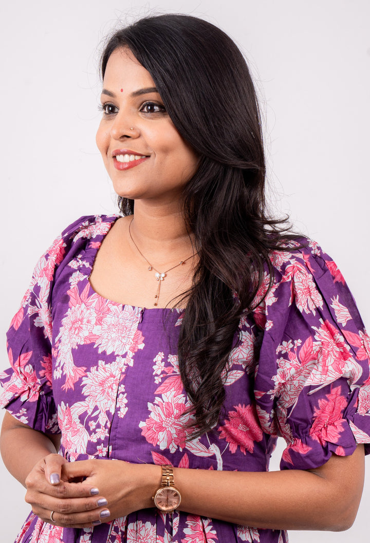 Purple bloom  floral  Dress With Lining