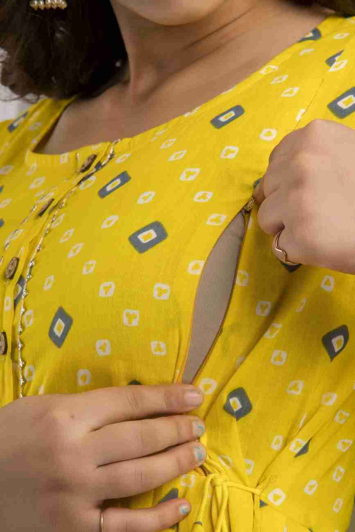 Yellow bandhini Maternity Feeding  kurta