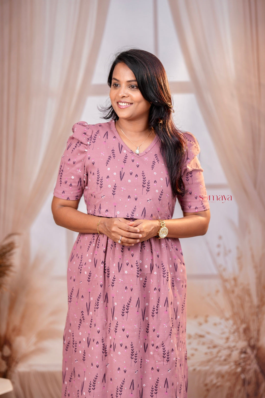 Midi Dusty Pink Ribbed Thick Weight Dress winter edition ( cotton fabric )