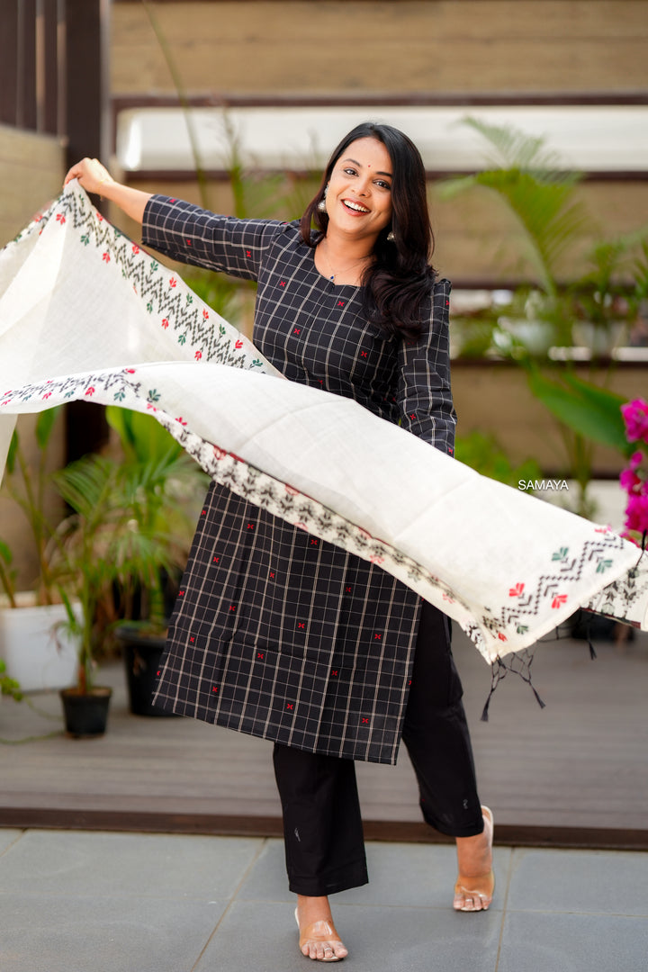 Black checked handloom Cotton 3 piece Set with embroidered dupptta
