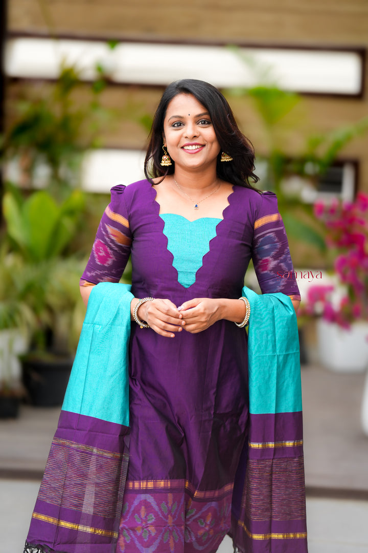 Shanthini -purple  blue   Pochampally 3 piece  suit set with Dupatta