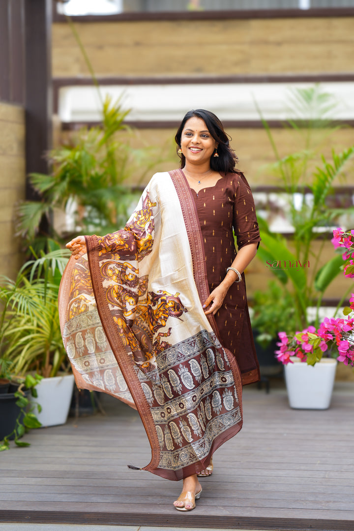 Kaapi- 3 piece salwar suit set with printed kalamkari dupatta