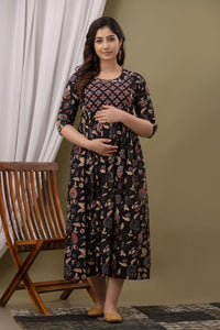 Kalamkari Black Maternity Feeding kurta