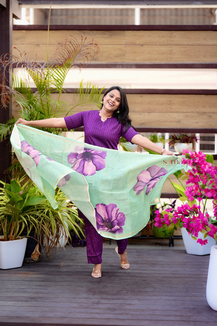 Rohini  raw silk suit set of 3 with linen gold border  duppatta ( pre order)