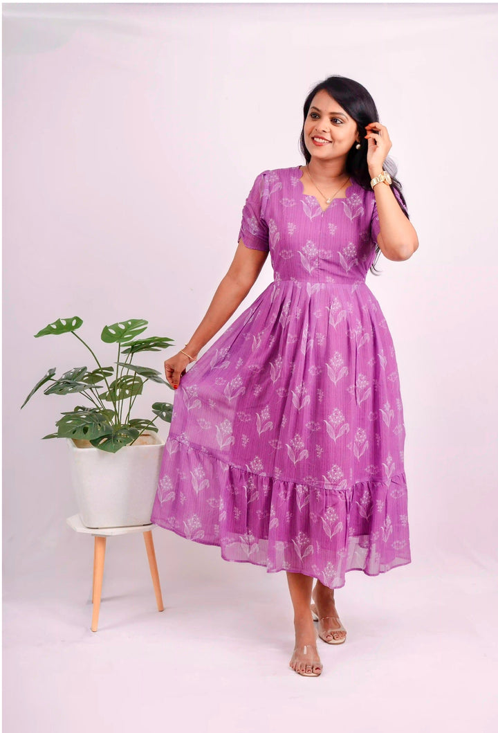 Lilac Georgette Casual  Dress With Lining ( No-Iron Everyday Dress)