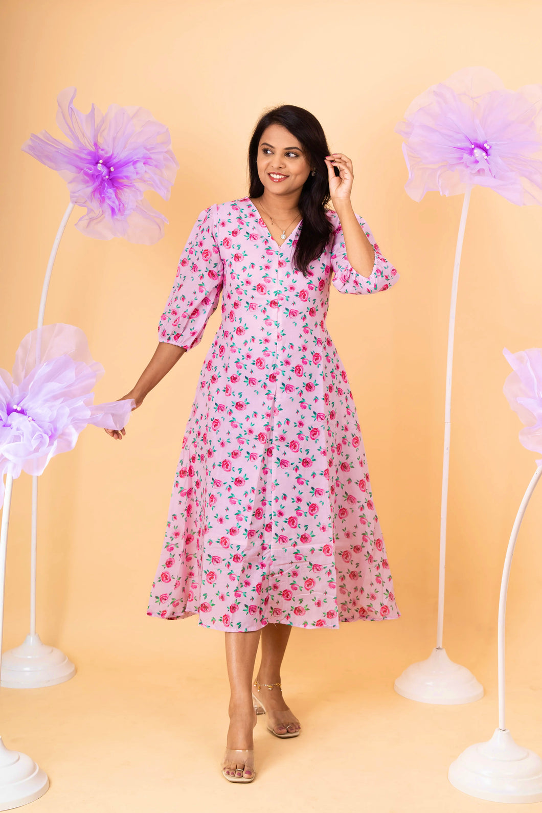 Rose casual  Dress With Lining Non-Maternity & Feeding-Friendly Dress