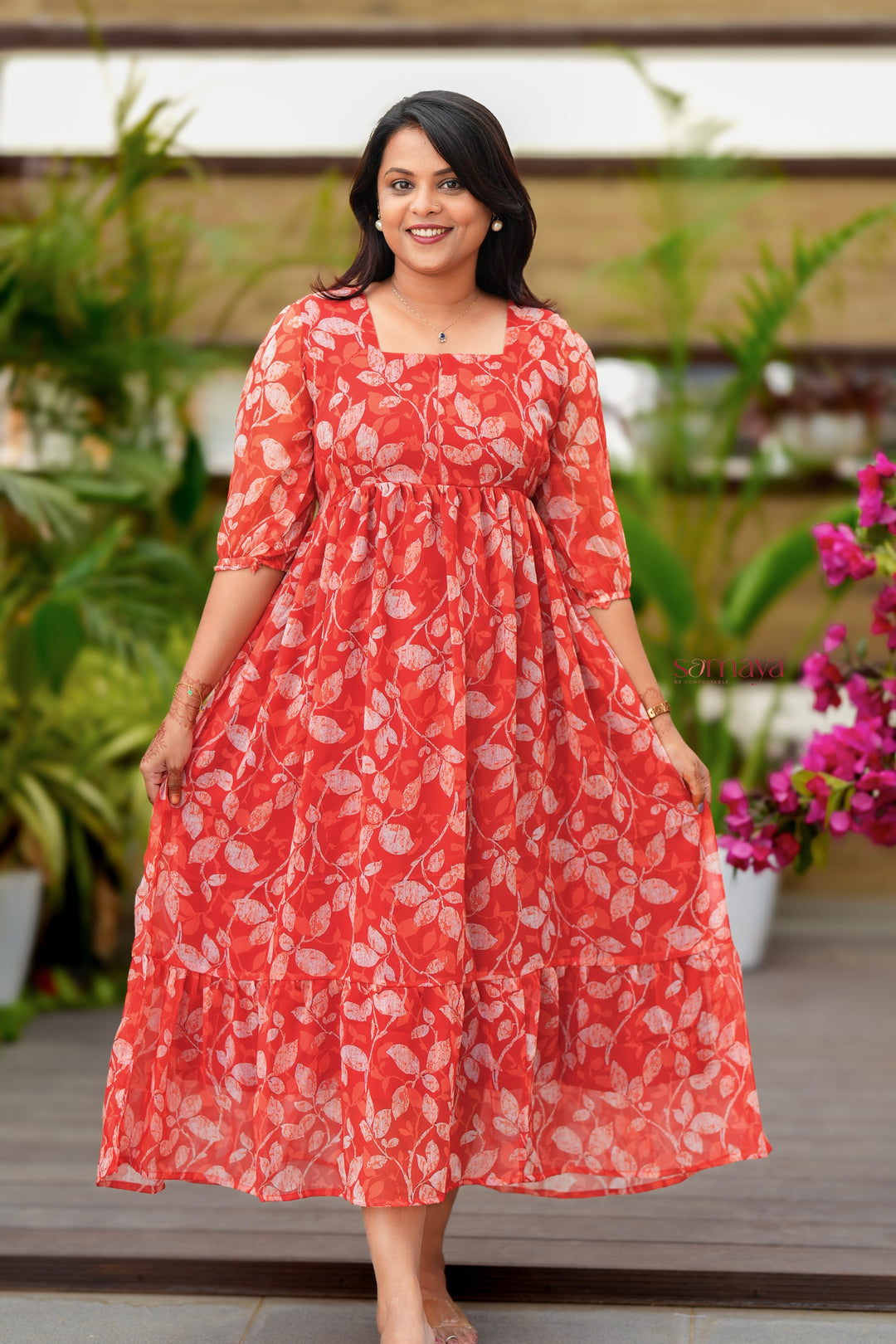 Red georgette casual Dress With Lining ( No-Iron Everyday Dress)