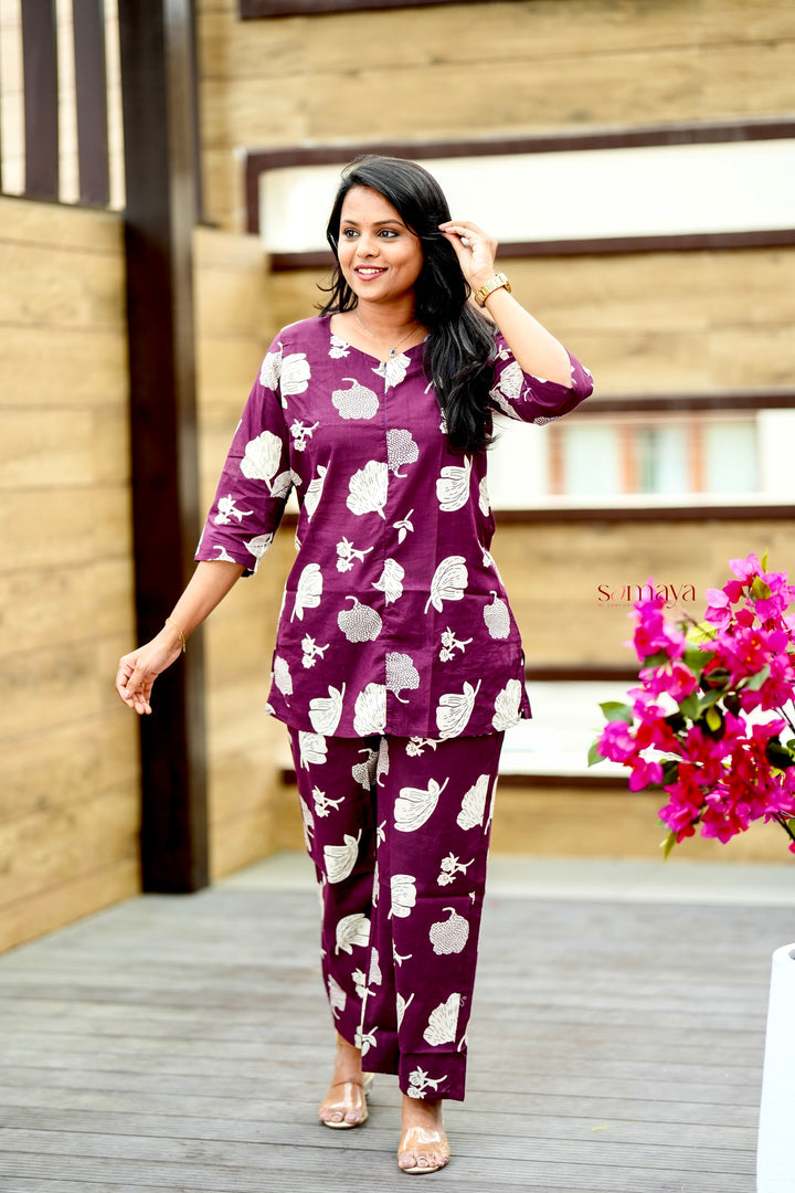 HAASYA burgundy Night Co-ord Set