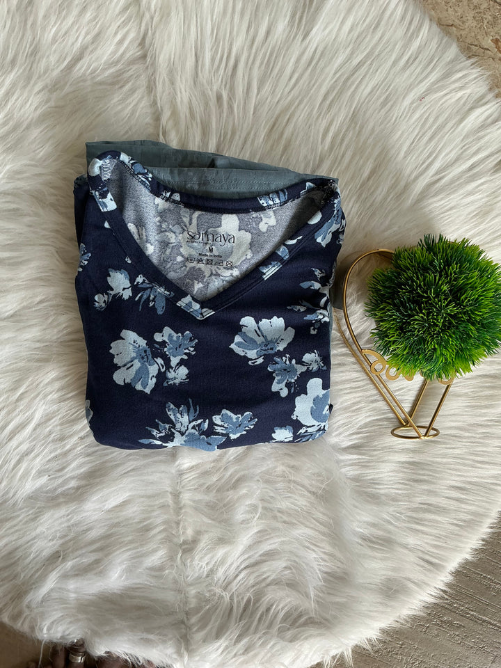 Luxury Midi navy-grey flower Light weight dress