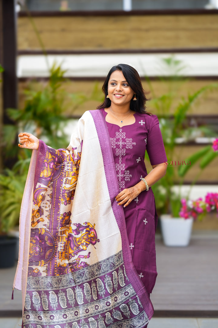 Saanvi -Purple Kolam 3 piece salwar suit set with kalamkari printed dupatta