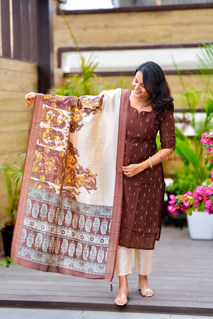 Kaapi- 3 piece salwar suit set with printed kalamkari dupatta