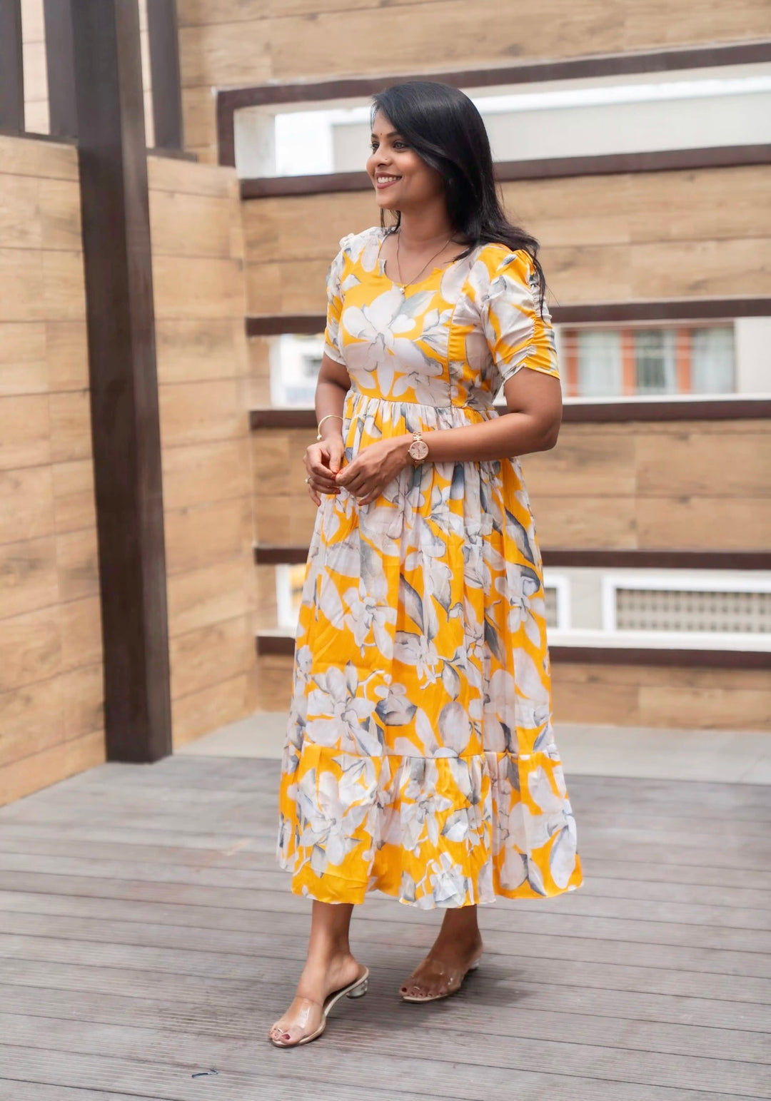 Mustard Delta crepe Casual Dress With Lining