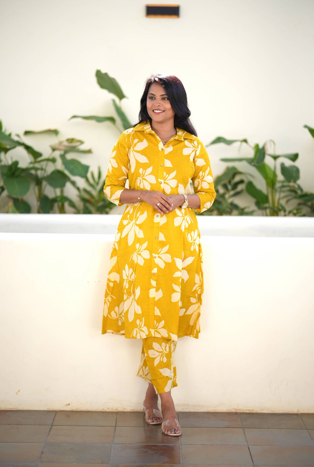 Yellow cotton kurta set (button opening)