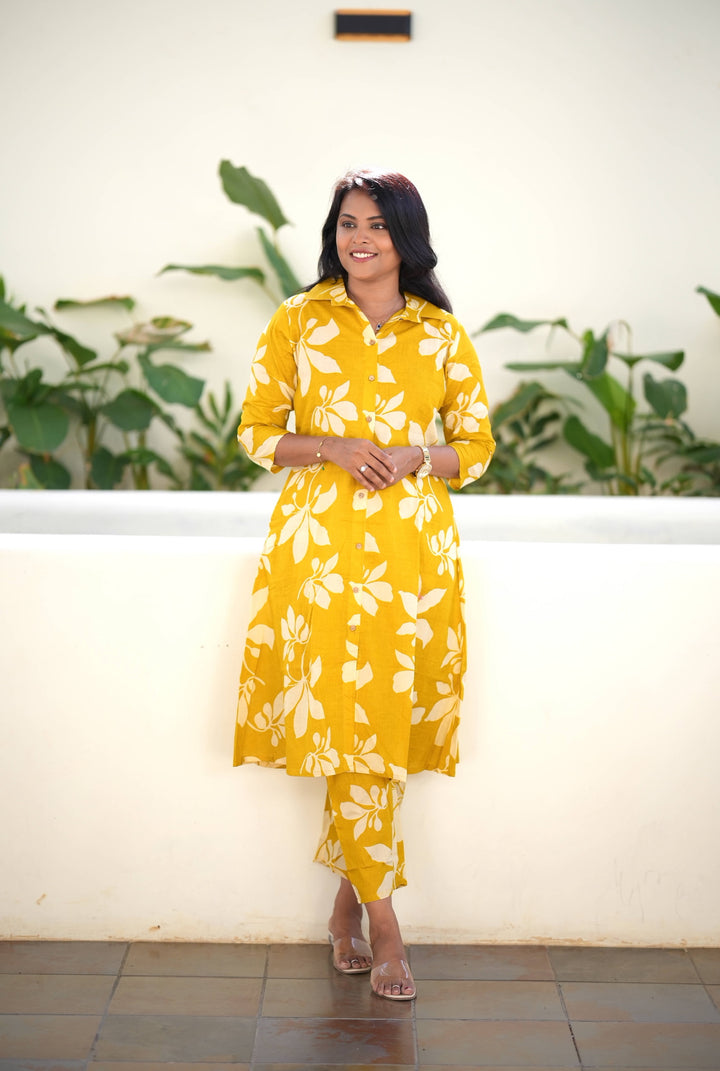 Yellow cotton kurta set (button opening)